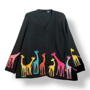 Vintage Michael Simon Giraffe Cardigan Black Embroidered Animal Print Sweater